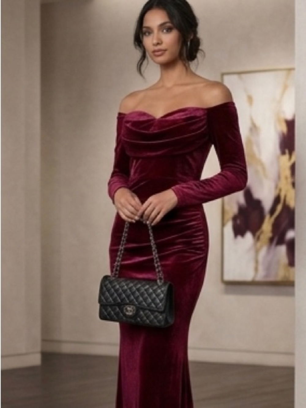 Off-Shoulder Velvet Maxi Dress in Wine